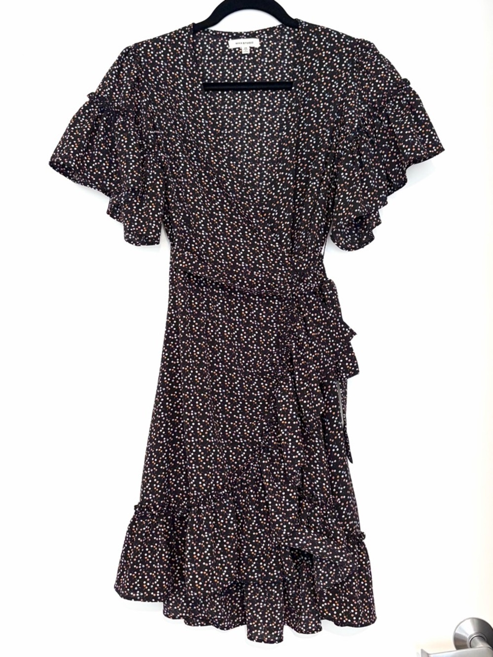 Max Studio Black Floral Wrap Dress Ruffle Sleeve Tie Waist Size XS NWOT